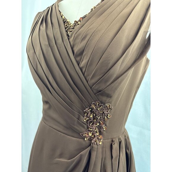 Elegant Brown Evening Gown With Beaded Embellishments & Pleated V-Neck Design - Picture 3 of 5